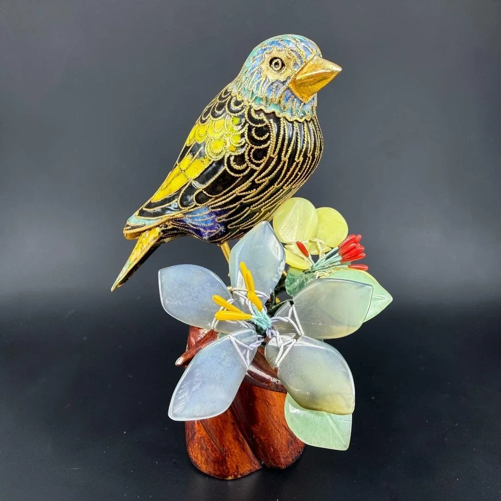Cloisonne Enamel Bird Figurine Carved Wood Base Quartz Jade Stone Flowers 6in